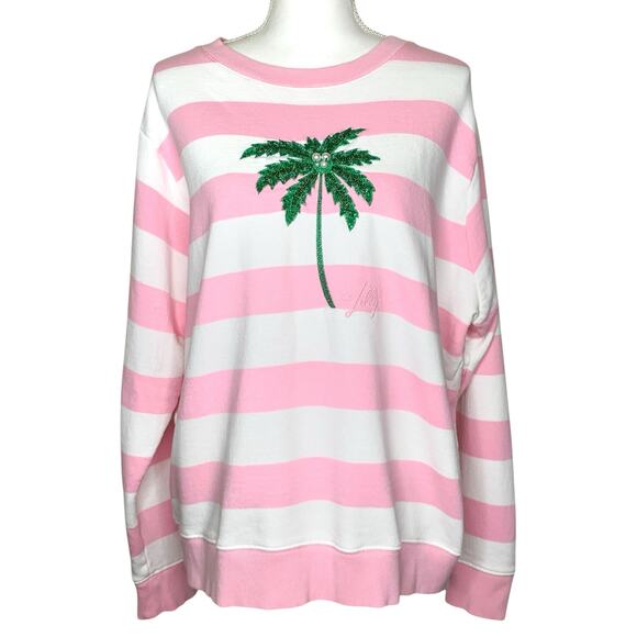 Lilly Pulitzer Ballad Pink and White Striped Sequin Palm Tree Crew Sweatshirt - Picture 2 of 9
